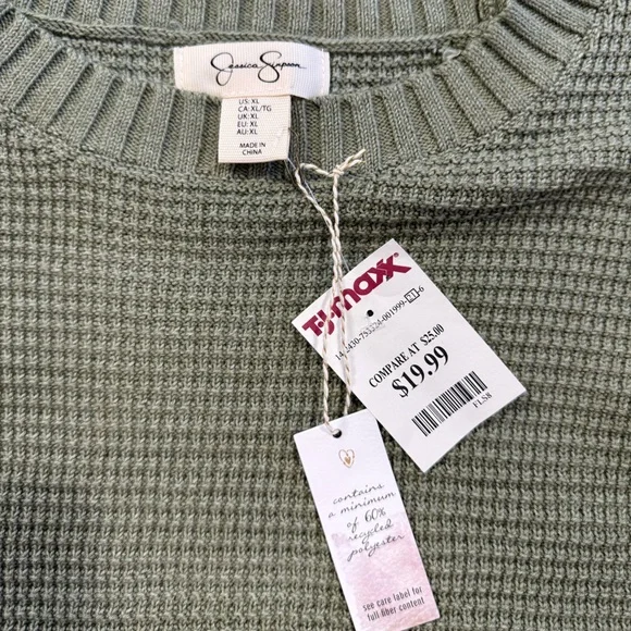 Jessica Simpson Olive Green Waffle-Knit Crewneck Sweater - Picture 2 of 2